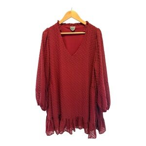 ARULA Burgundy 1X Swiss Dot Ruffle Trim V-Neck Dress Flowy Midi